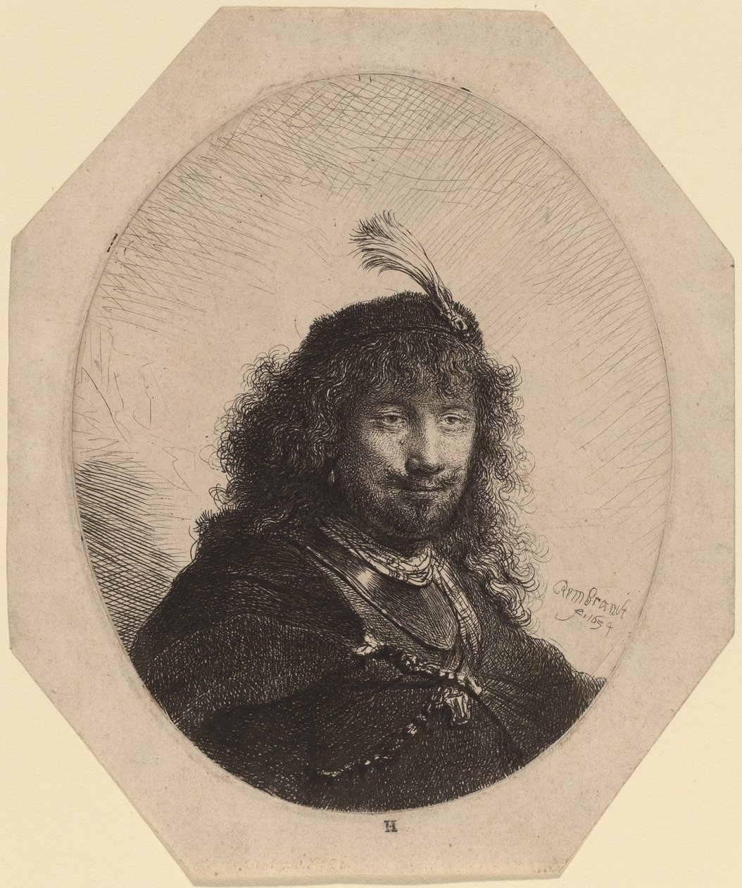 Selbstporträt (?) mit Federhut und gesenktem Säbel von Rembrandt van Rijn