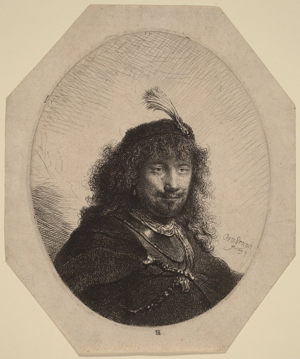 Selbstporträt (?) mit Federhut und gesenktem Säbel von Rembrandt van Rijn
