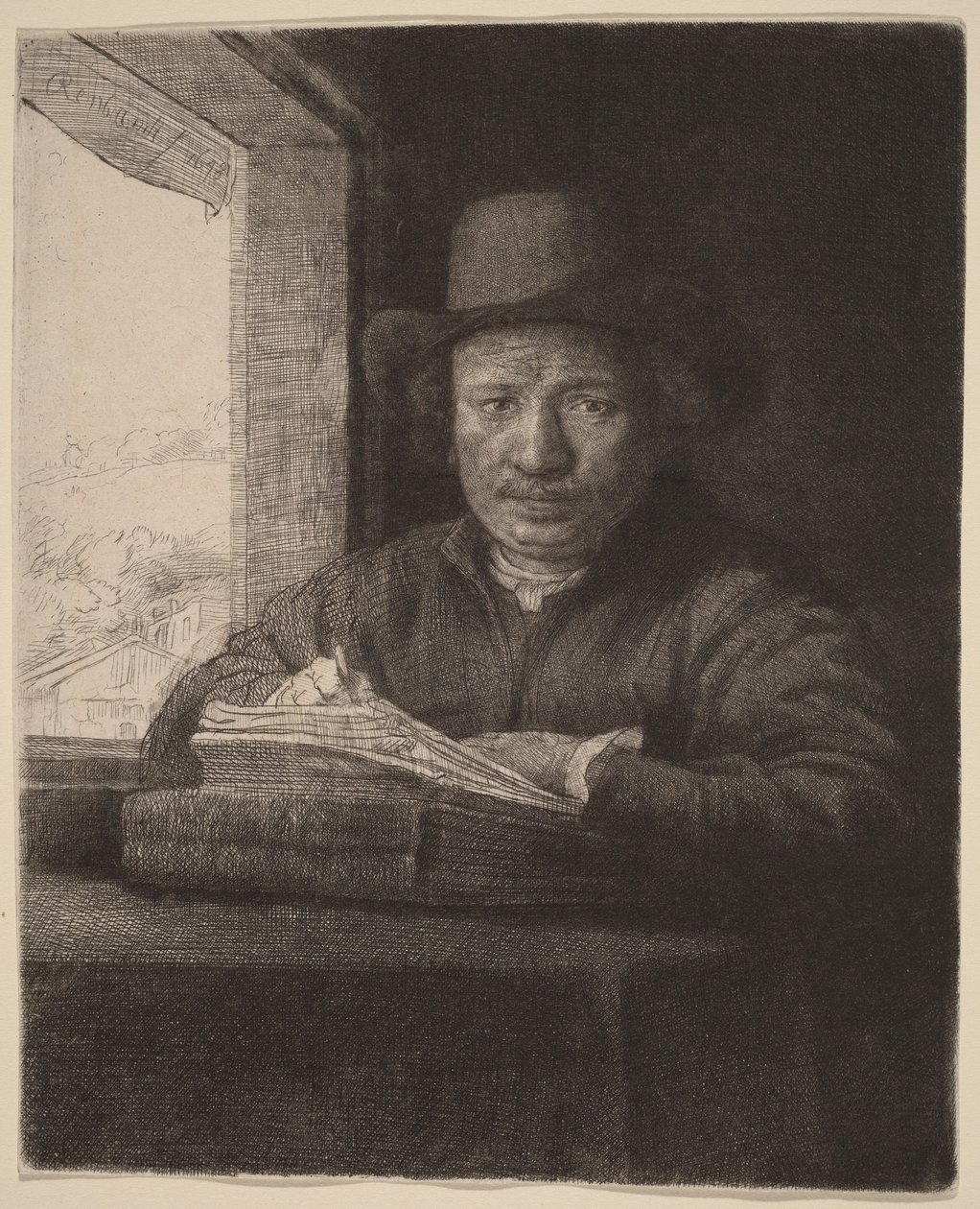 Selbstporträt Radierung am Fenster von Rembrandt van Rijn