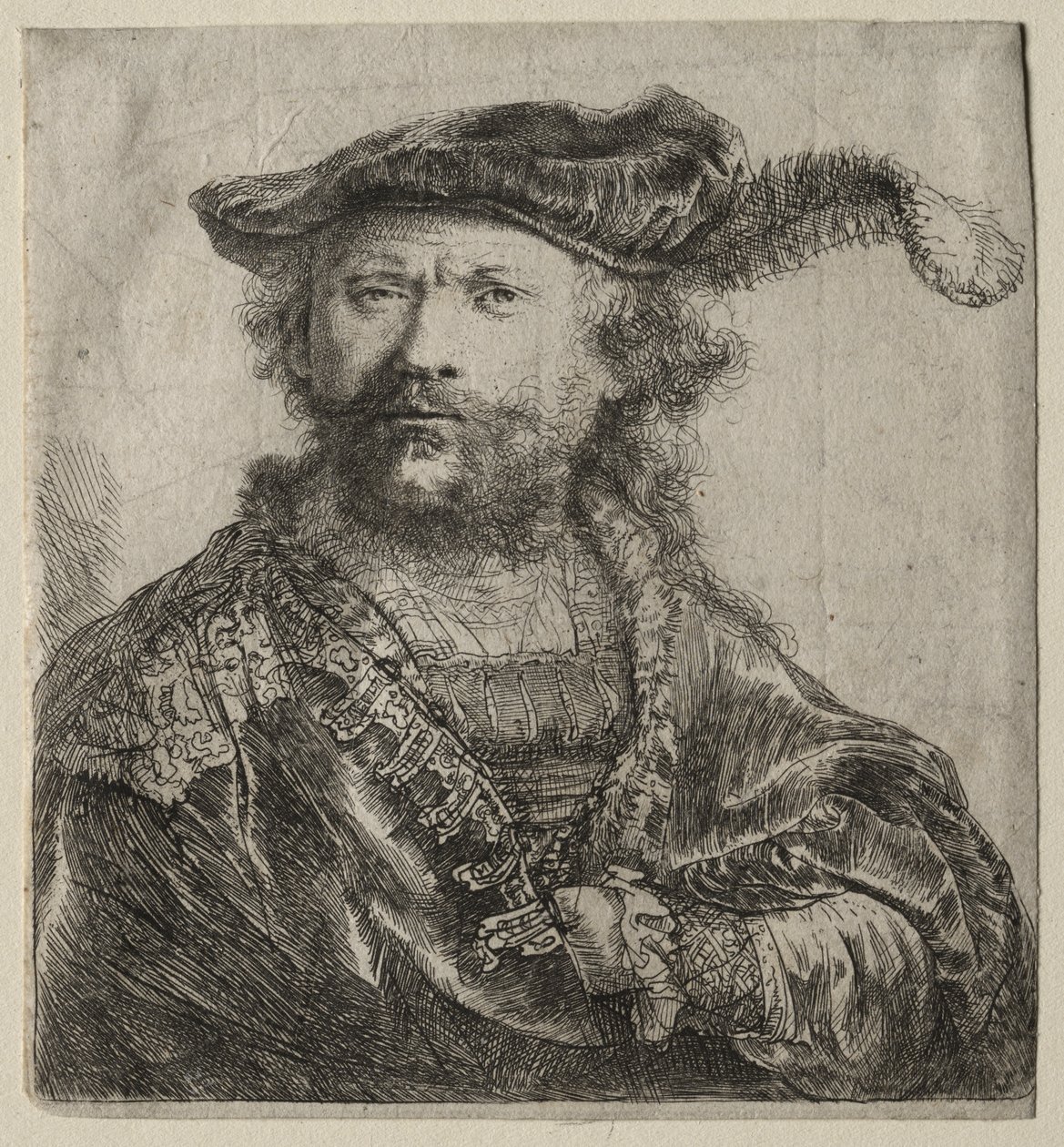 Selbstporträt mit Samtkappe und Feder von Rembrandt van Rijn