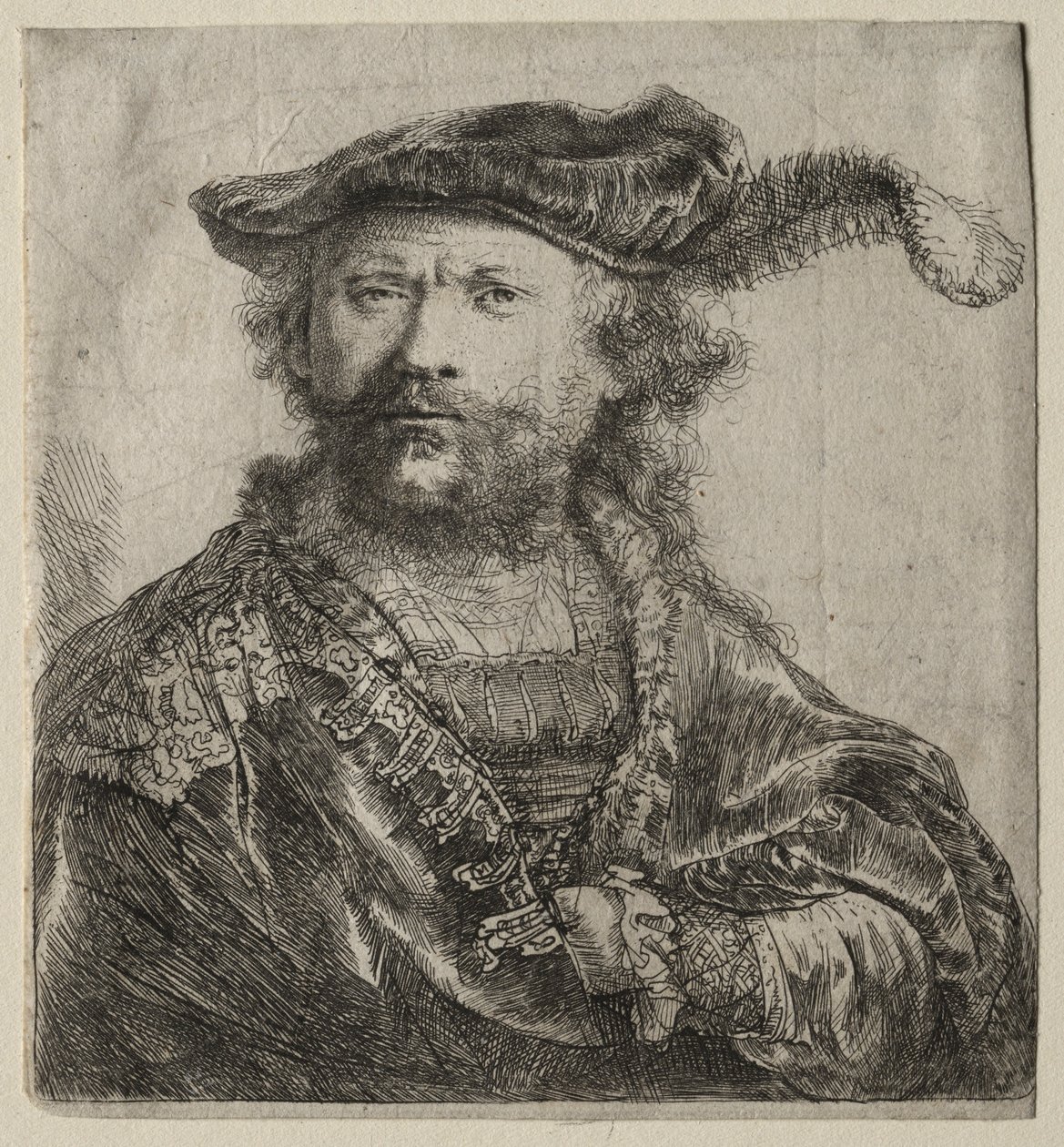 Selbstporträt mit Samtkappe und Feder, 1638 von Rembrandt van Rijn