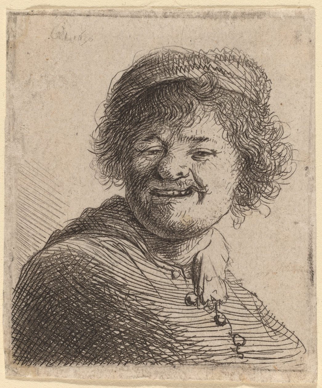Selbstporträt mit Mütze: Lachend von Rembrandt van Rijn