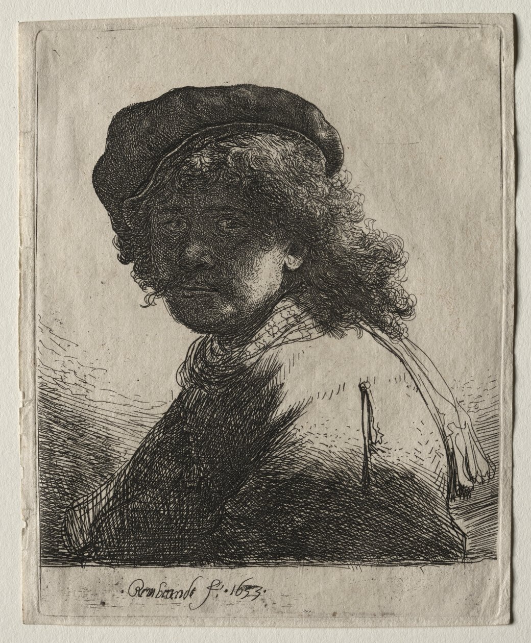 Selbstporträt mit Mütze und Schal, das Gesicht dunkel: Büste von Rembrandt van Rijn