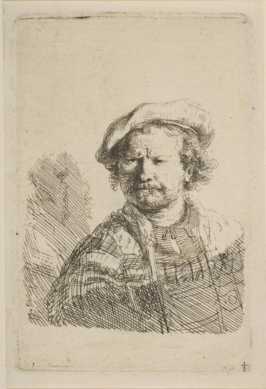 Selbstporträt mit flachem Hut und besticktem Kleid, ca. 1642 von Rembrandt van Rijn