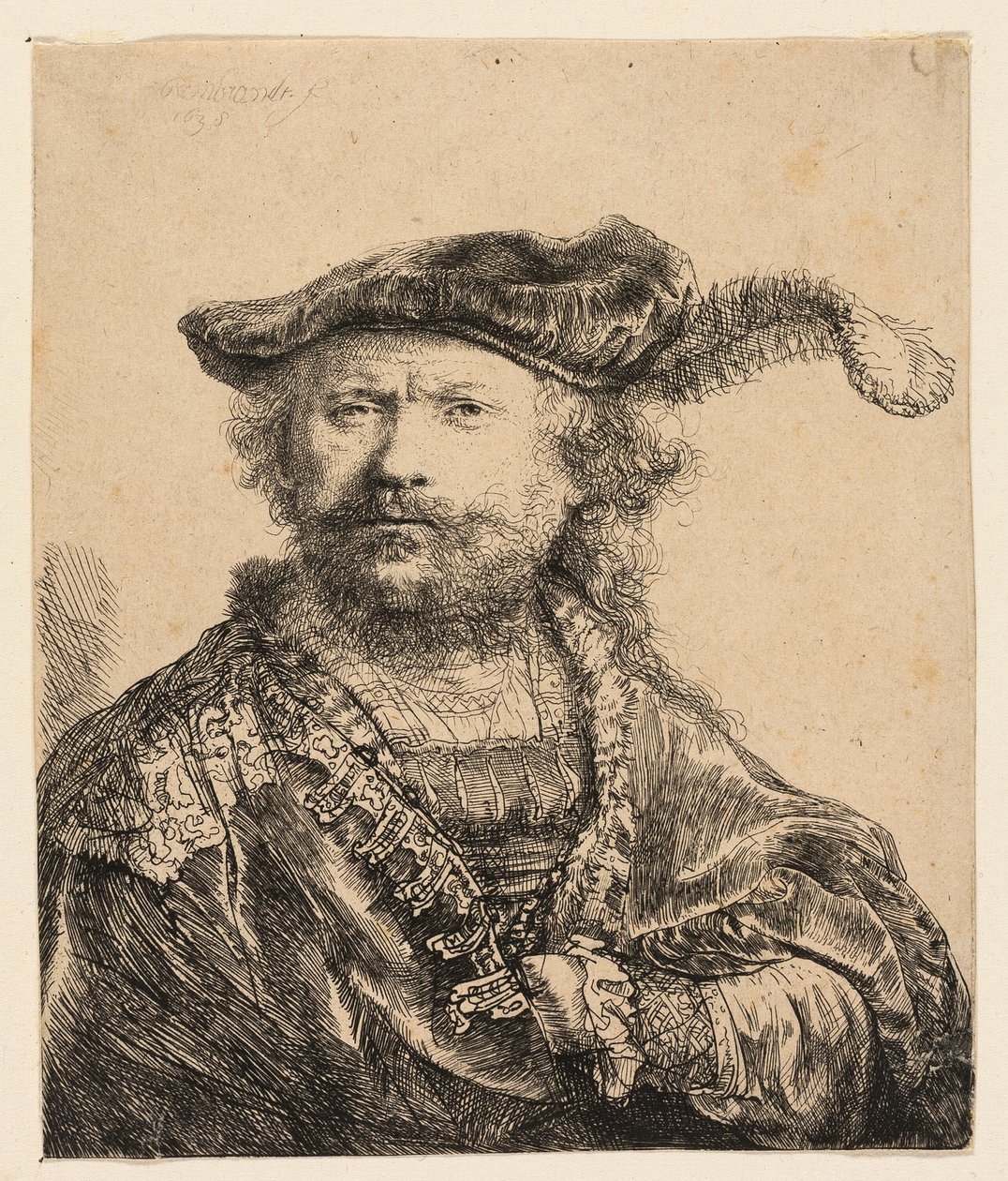 Selbstporträt mit Samtkappe und Feder von Rembrandt van Rijn