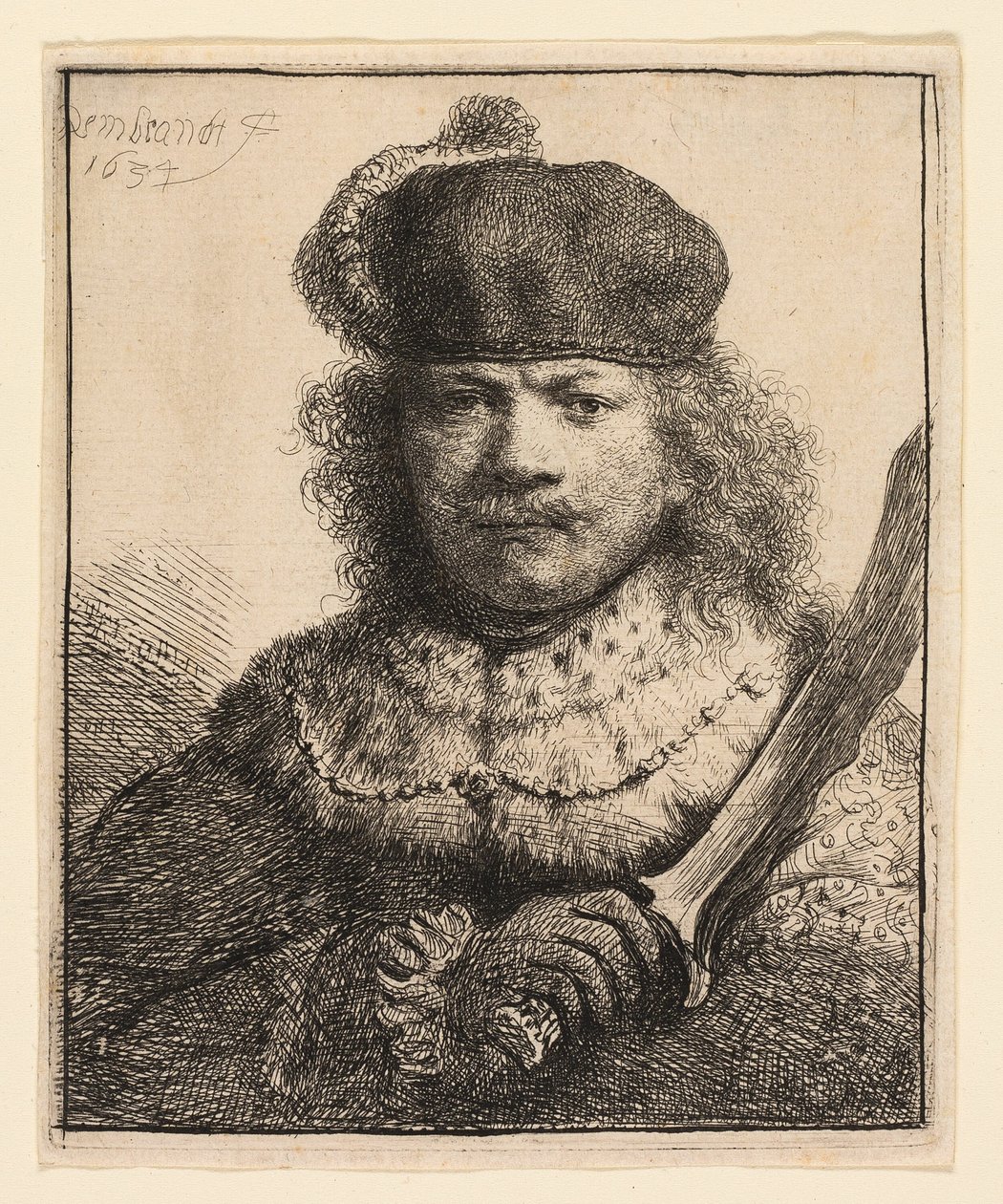 Selbstporträt mit erhobenem Säbel von Rembrandt van Rijn