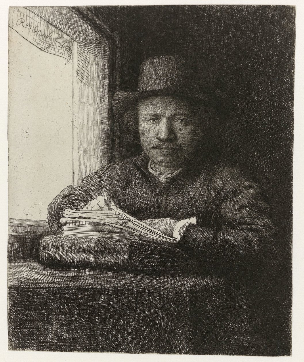 Selbstporträt, Radierung am Fenster von Rembrandt van Rijn