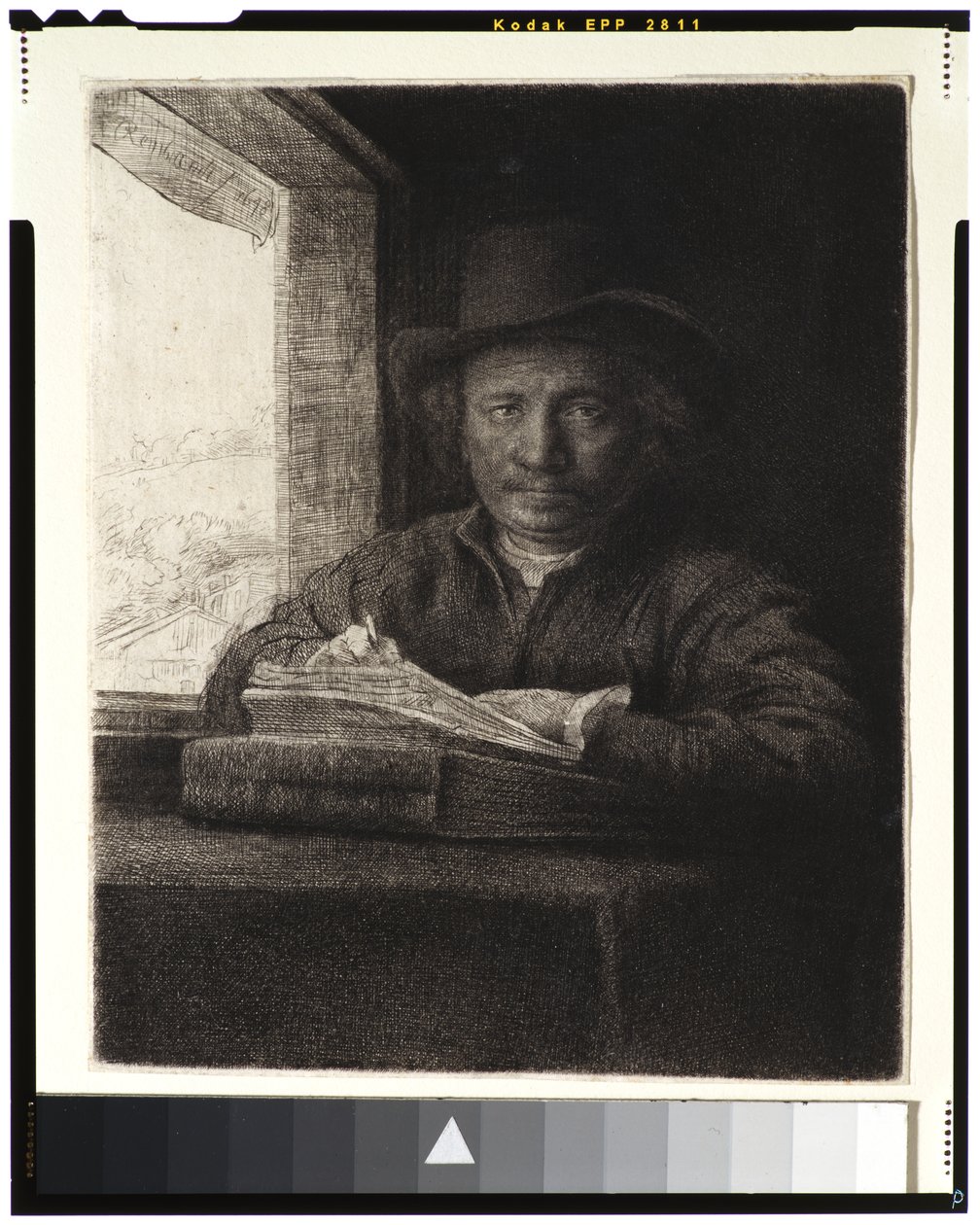 Selbstporträt, Radierung am Fenster, 1648 von Rembrandt van Rijn