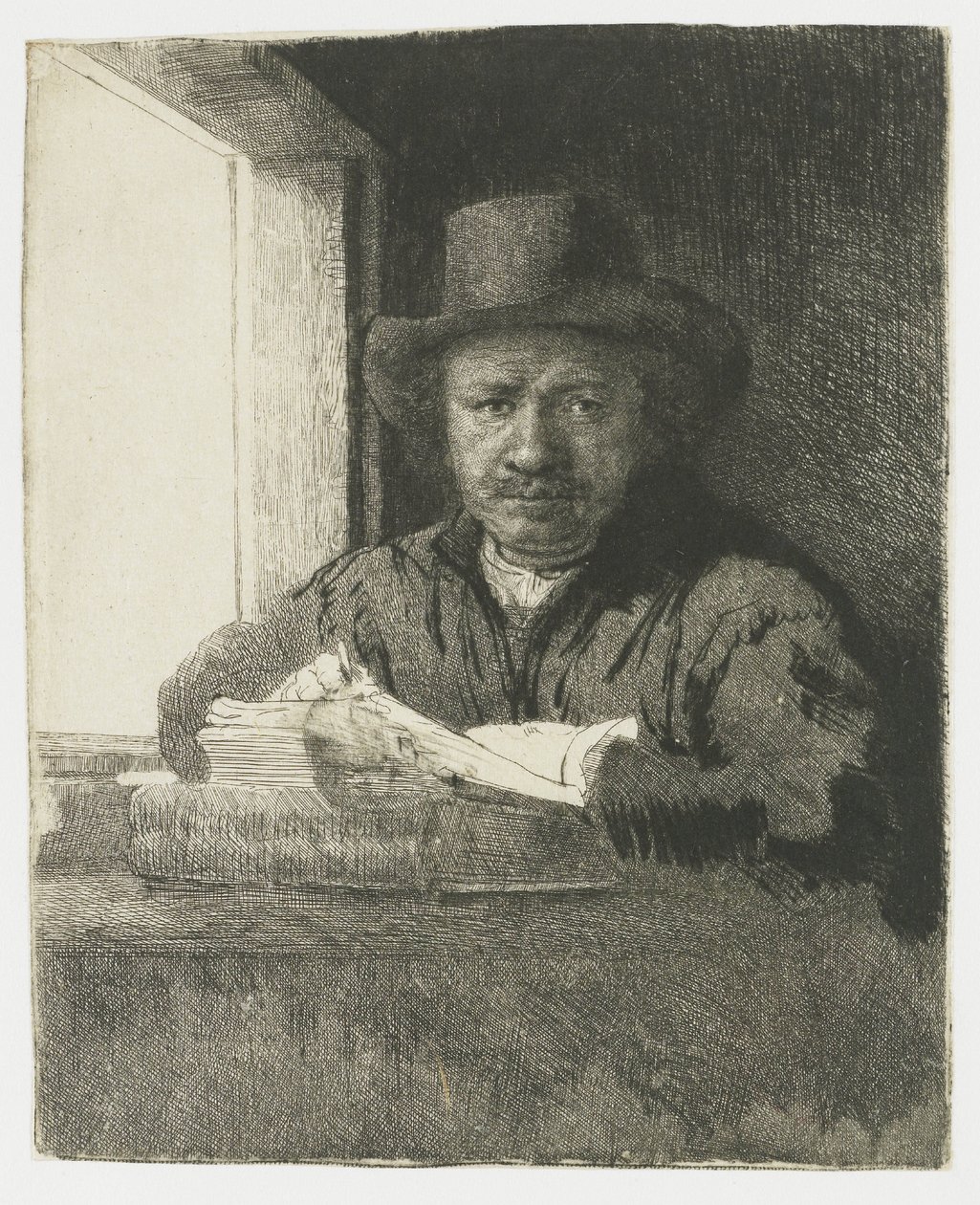 Selbstporträt Radierung am Fenster von Rembrandt van Rijn