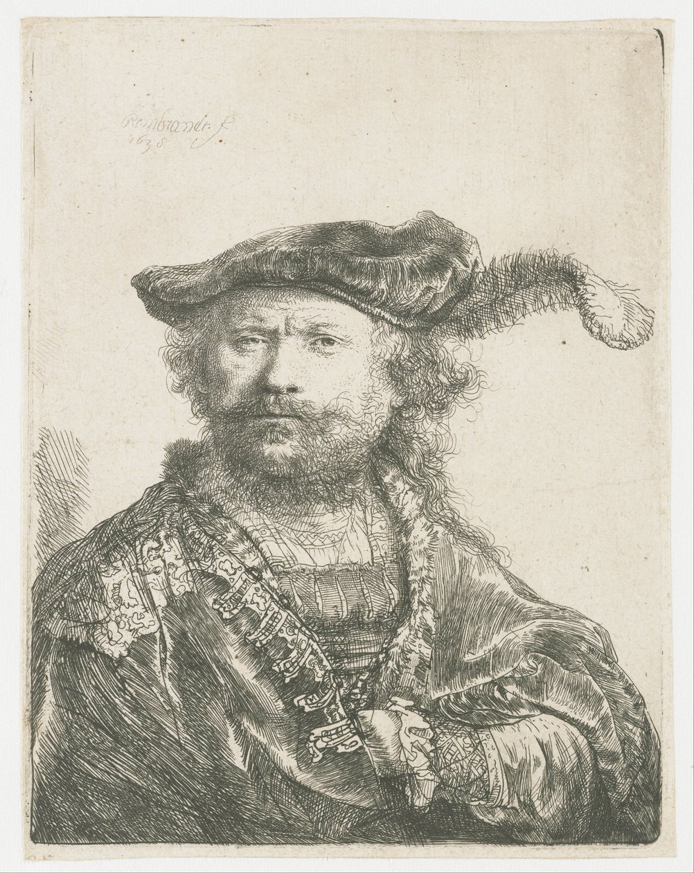 Selbstporträt mit Samtkappe und Feder von Rembrandt van Rijn