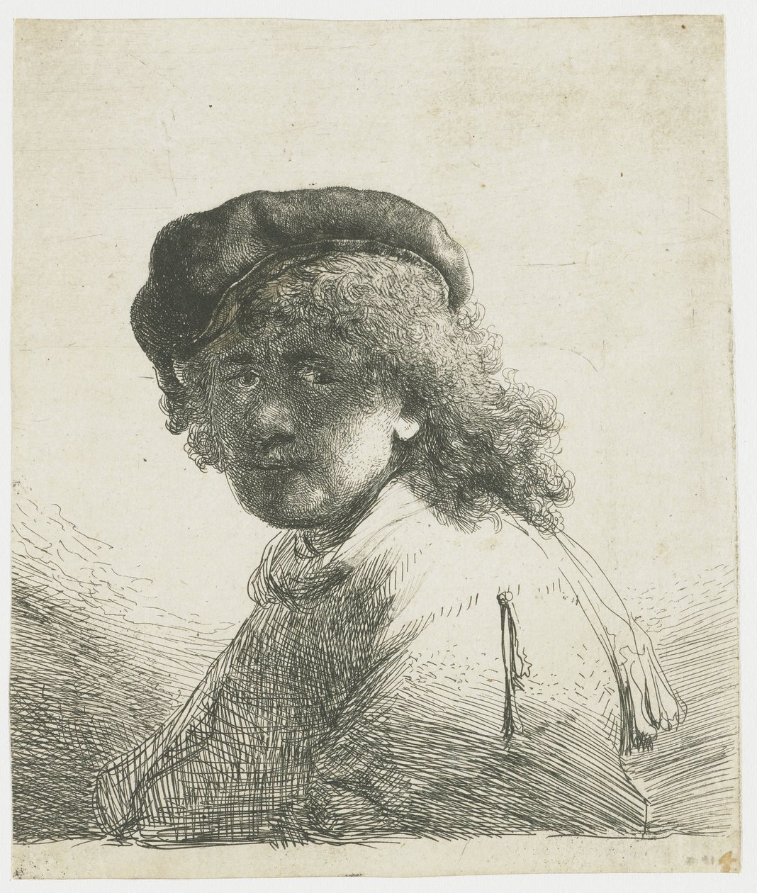 Selbstporträt mit Mütze und Schal, das Gesicht dunkel: Büste von Rembrandt van Rijn