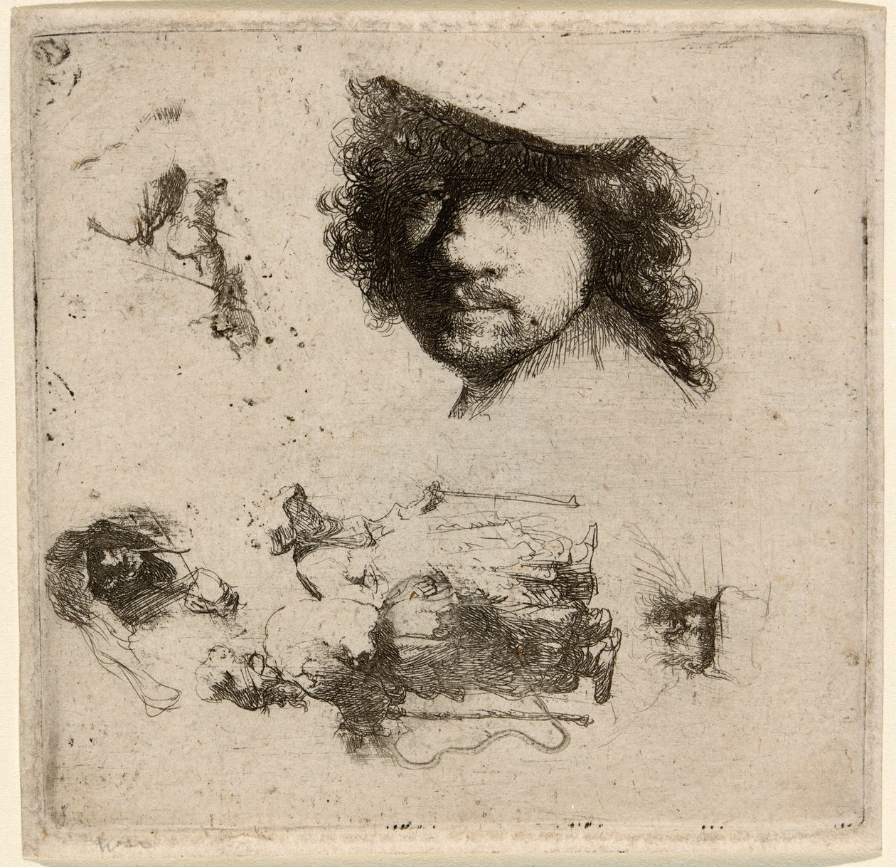 Blatt mit Studien: Kopf des Künstlers, ein Bettlerpaar, Köpfe eines alten Mannes und einer alten Frau usw. von Rembrandt van Rijn