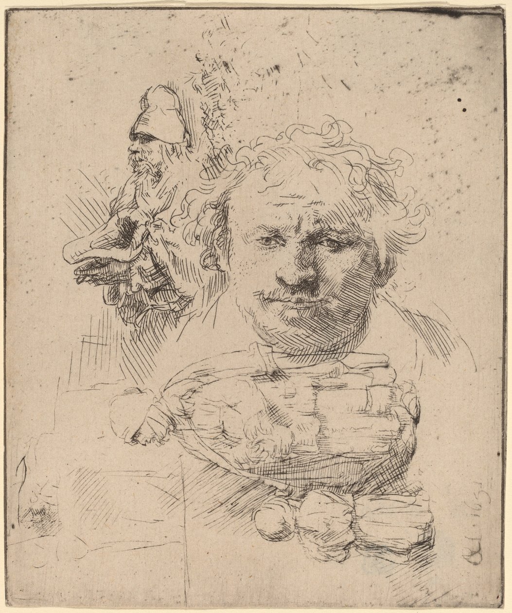 Blatt mit Studien des Kopfes des Künstlers, eines Bettlers und einer Frau mit Kind von Rembrandt van Rijn
