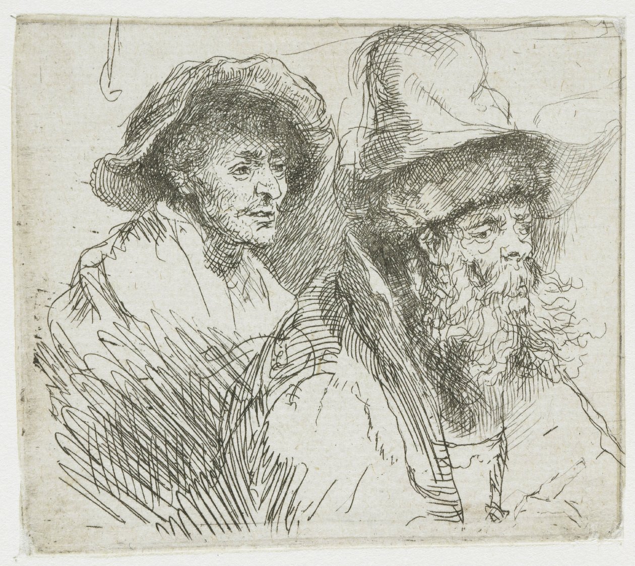 Blatt mit Studien, mit einer Frau, die krank im Bett liegt: Büsten von zwei männlichen Figuren von Rembrandt van Rijn