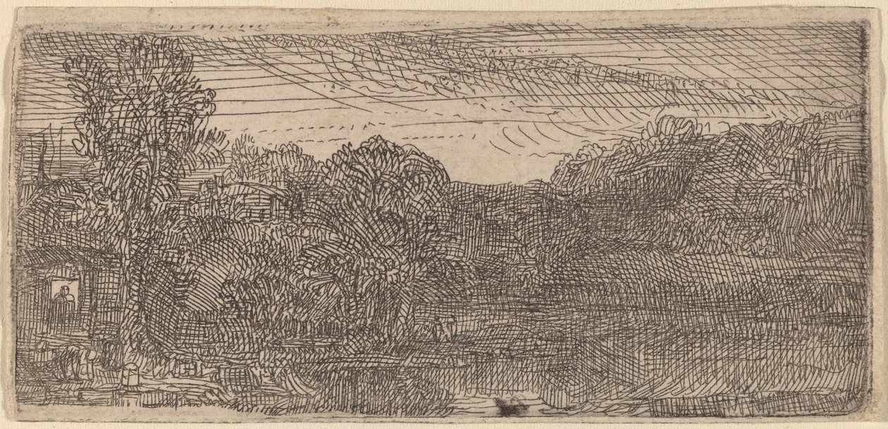 Kleine graue Landschaft: ein Haus und Bäume neben einem Teich von Rembrandt van Rijn
