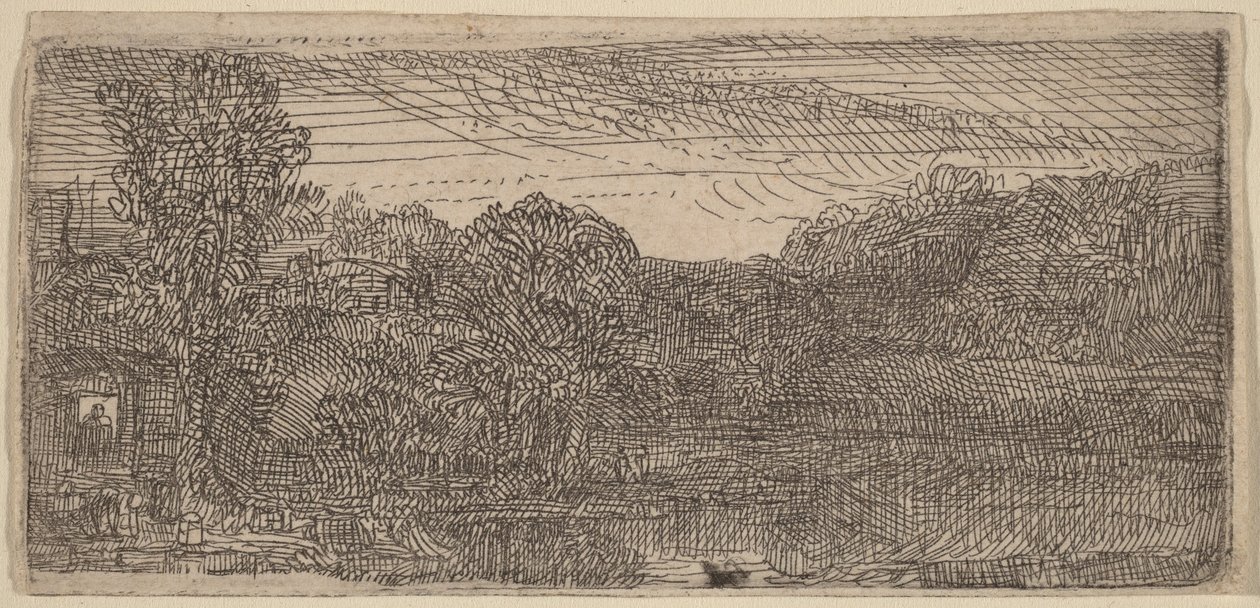 Kleine graue Landschaft: ein Haus und Bäume neben einem Teich von Rembrandt van Rijn