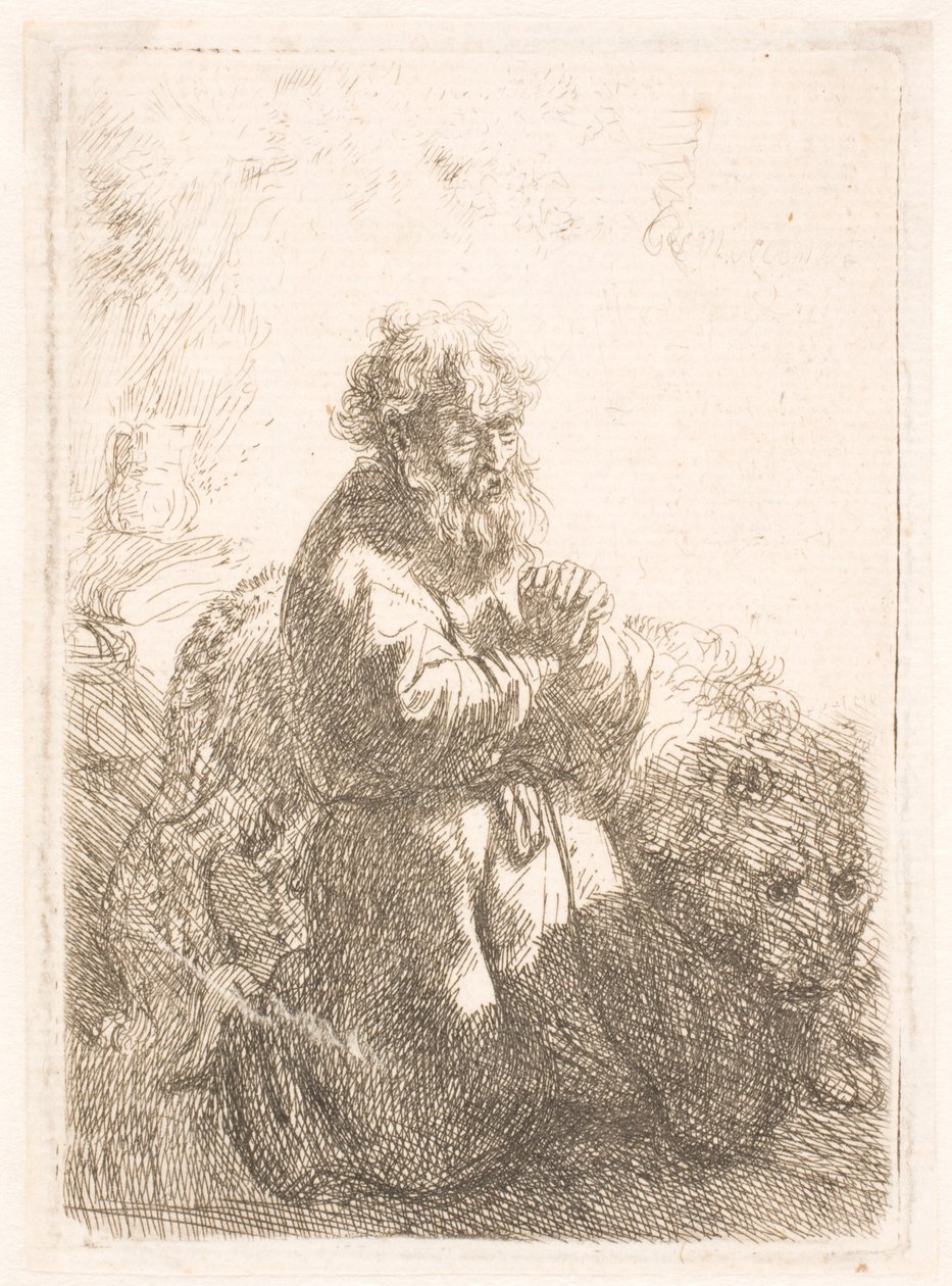 Der heilige Hieronymus kniend im Gebet, nach unten blickend von Rembrandt van Rijn