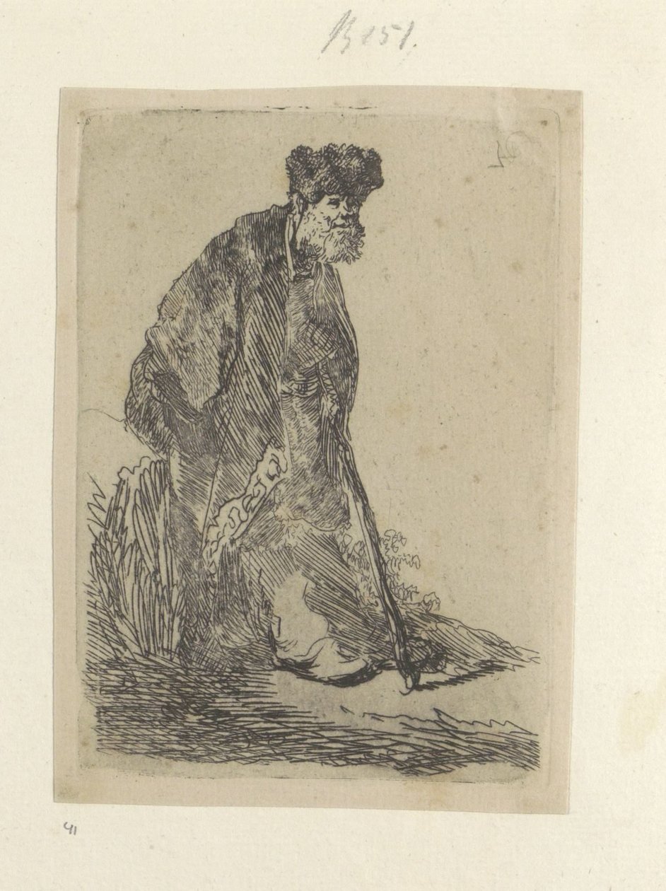 Stehender Mann mit langem Mantel und Pelzmütze (Recueil de quatre-vingt-cinq estampes originales) von Rembrandt van Rijn
