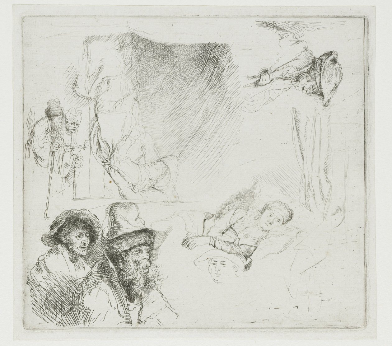 Studienblatt mit kranker Frau im Bett von Rembrandt van Rijn