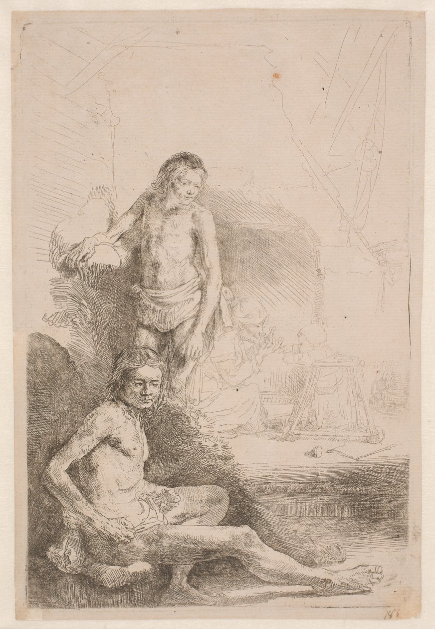 Studien vom Akt: ein sitzender und ein stehender Mann: mit einer Frau und einem Baby im Hintergrund von Rembrandt van Rijn