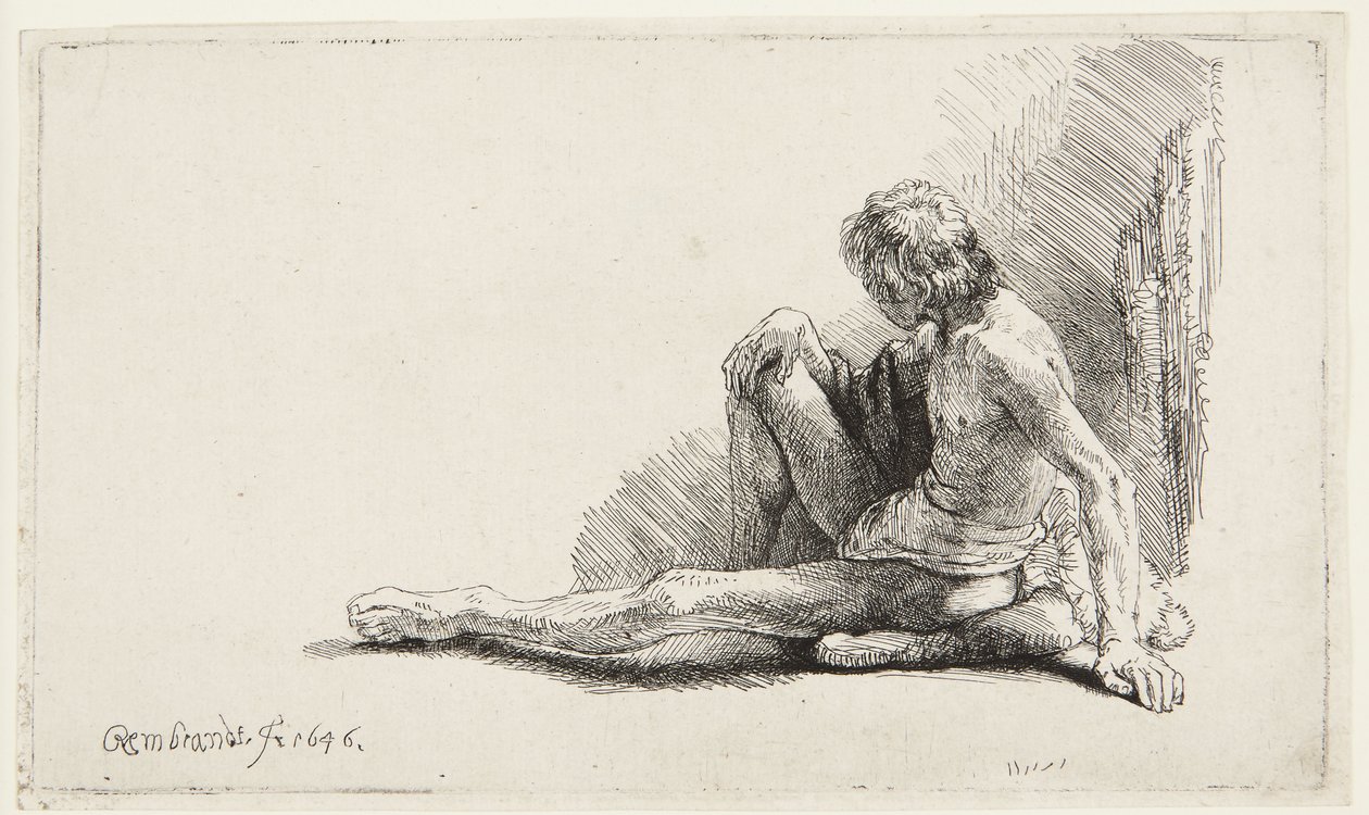 Studie vom Akt (Mann sitzt auf dem Boden) von Rembrandt van Rijn