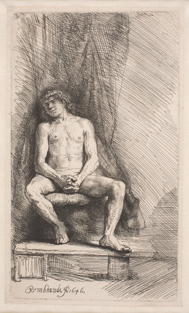 Studie vom Akt: Mann vor einem Vorhang sitzend von Rembrandt van Rijn