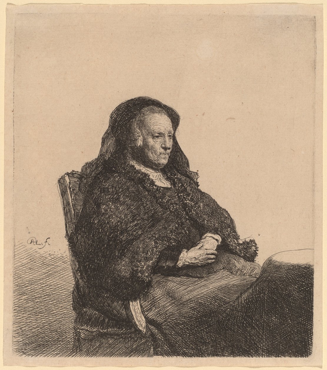 Die Mutter des Künstlers sitzt an einem Tisch und schaut nach rechts von Rembrandt van Rijn
