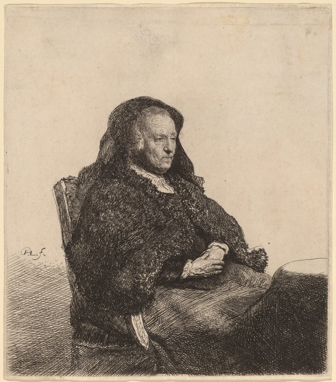 Die Mutter des Künstlers sitzt an einem Tisch und schaut nach rechts von Rembrandt van Rijn