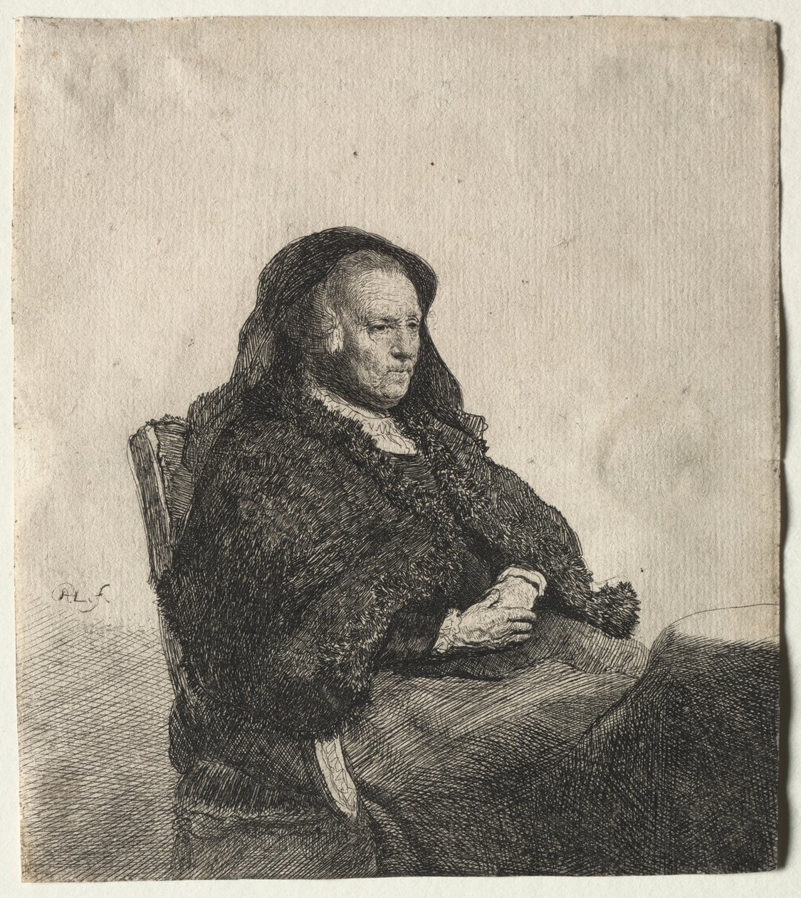 Die Mutter des Künstlers sitzt an einem Tisch und schaut nach rechts: Dreiviertellänge, ca. 1631 von Rembrandt van Rijn