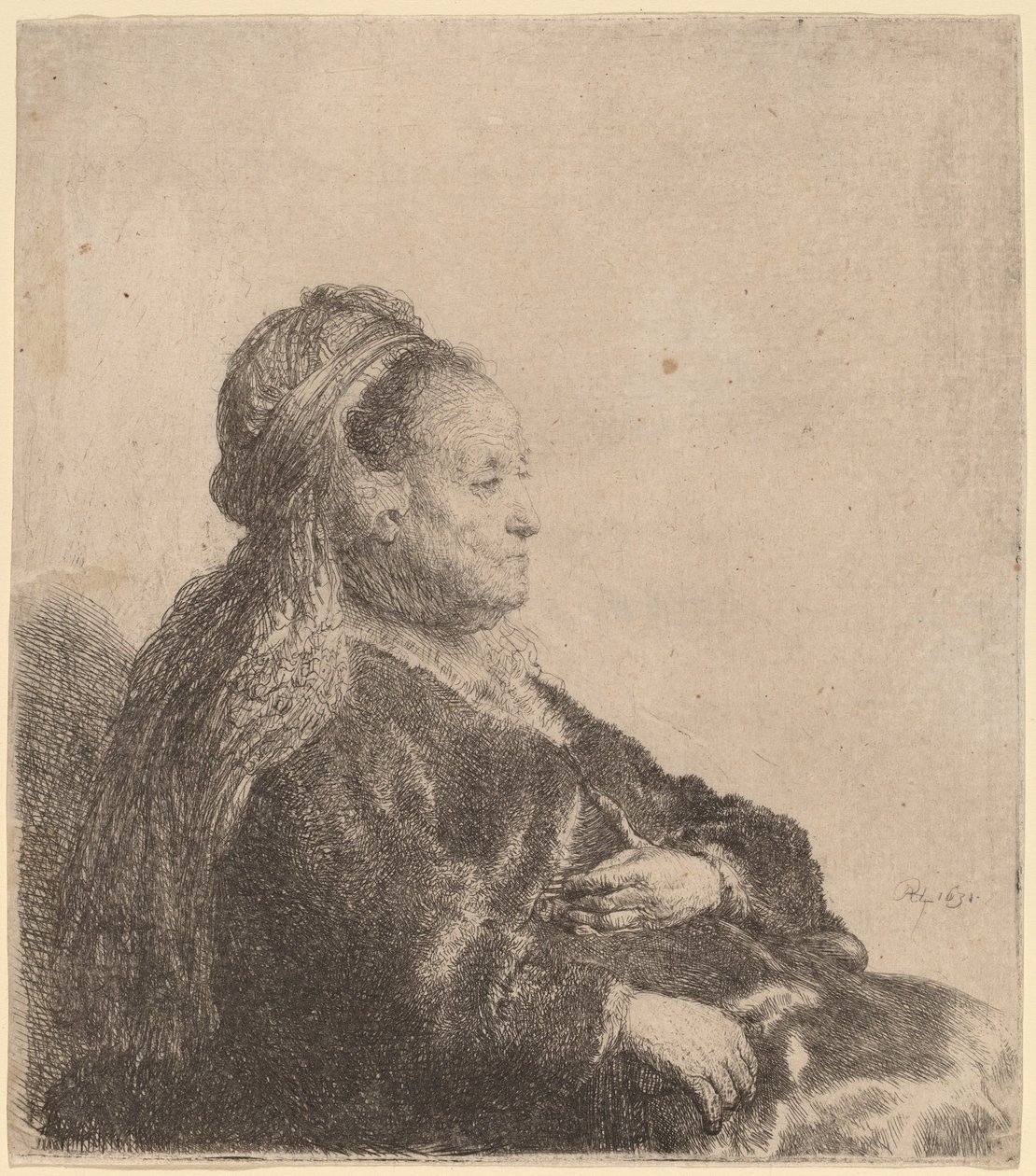 Die Mutter des Künstlers sitzend, mit orientalischem Kopfschmuck von Rembrandt van Rijn