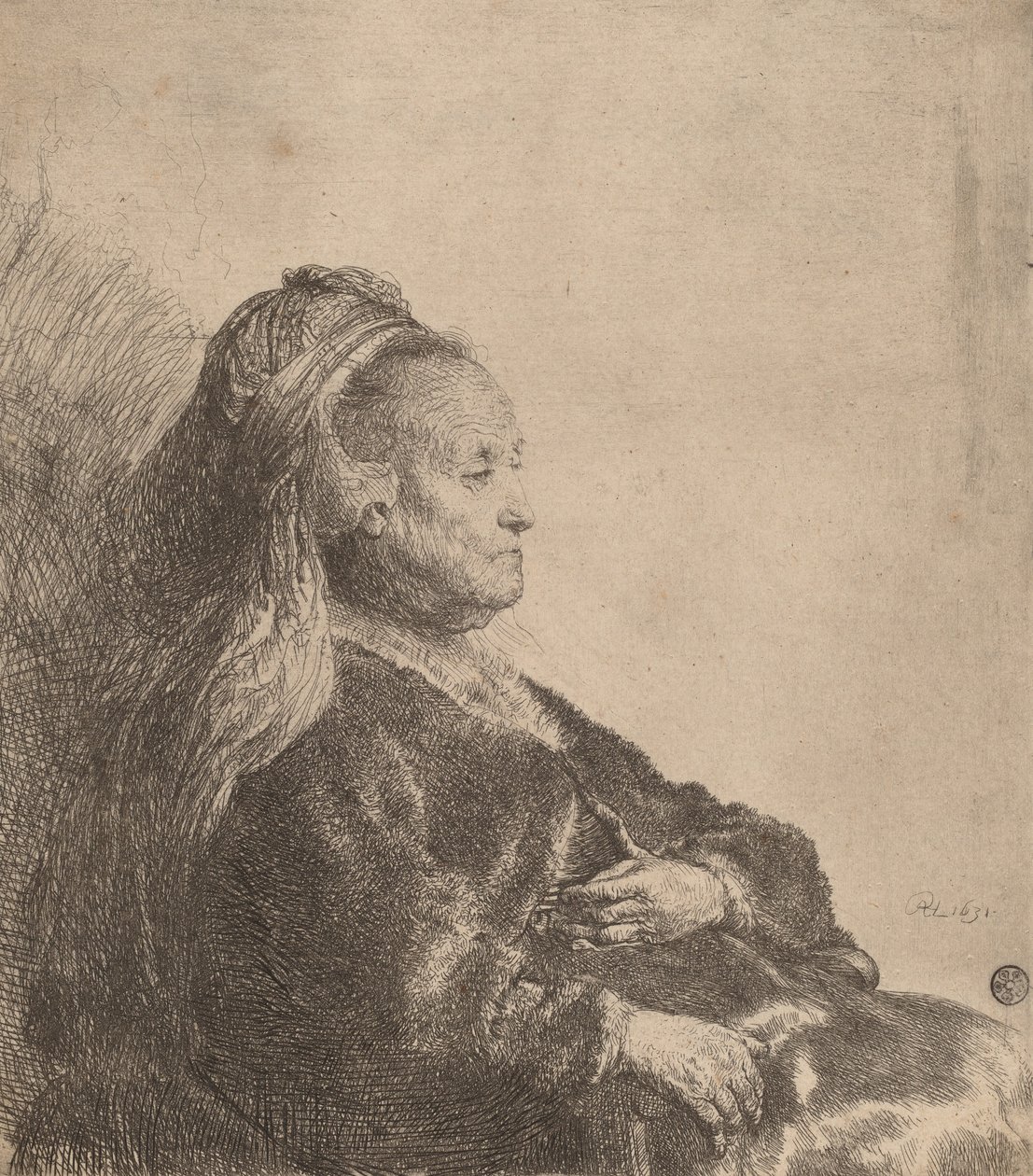 Die Mutter des Künstlers sitzt mit einem orientalischen Kopfschmuck von Rembrandt van Rijn