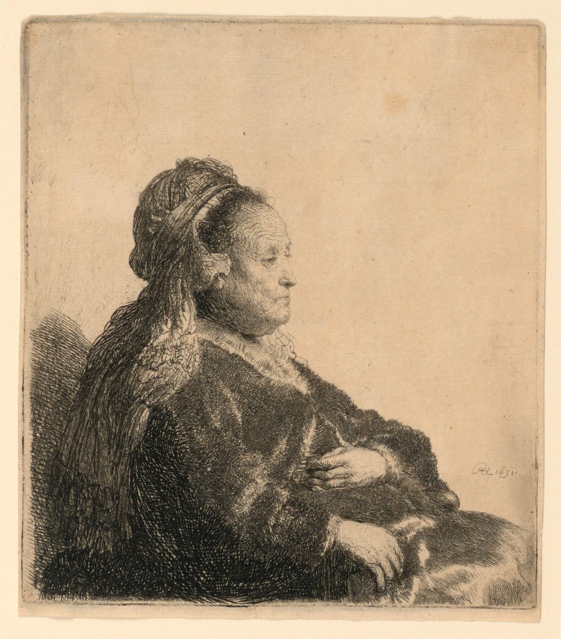 Die Mutter des Künstlers sitzend, in orientalischer Kopfbedeckung: Halbfigur von Rembrandt van Rijn
