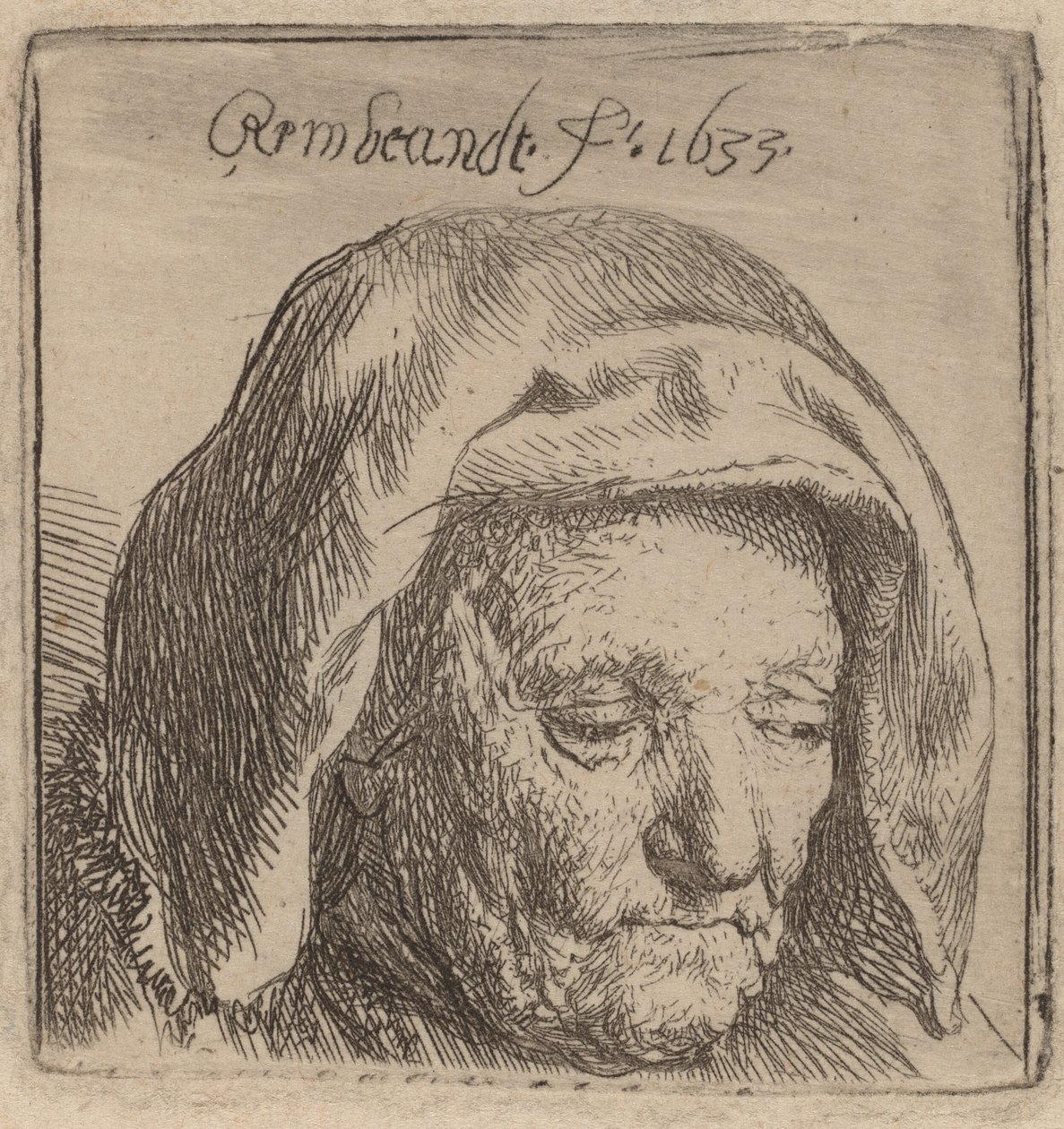 Die Mutter des Künstlers in einer Stoffhaube, nach unten blickend von Rembrandt van Rijn