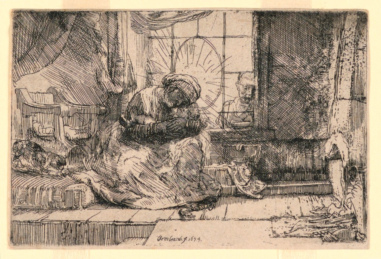 Die Jungfrau und das Kind mit der Katze und Joseph am Fenster von Rembrandt van Rijn