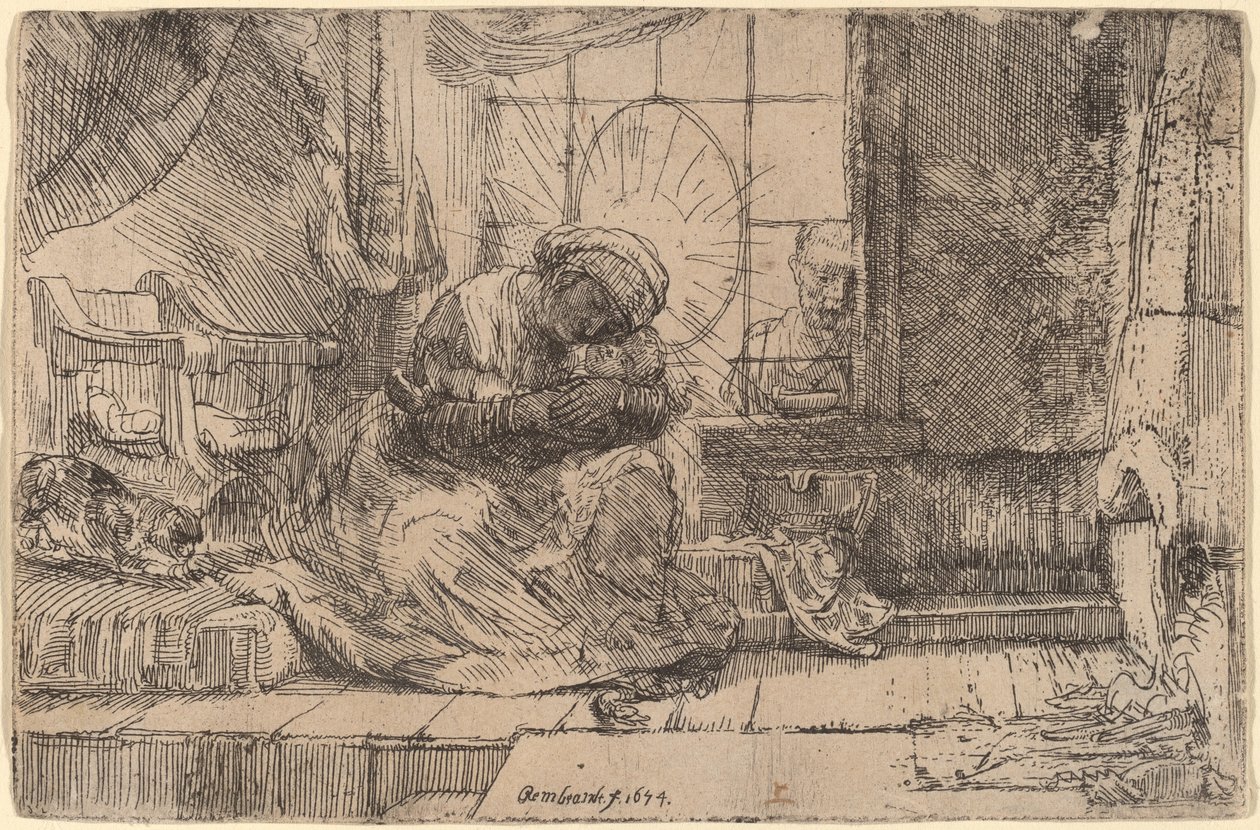 Die Jungfrau und das Kind mit der Katze und der Schlange von Rembrandt van Rijn