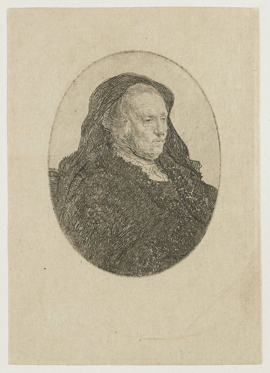 Die Mutter des Künstlers sitzt an einem Tisch, schaut nach rechts: Dreiviertellänge von Rembrandt van Rijn