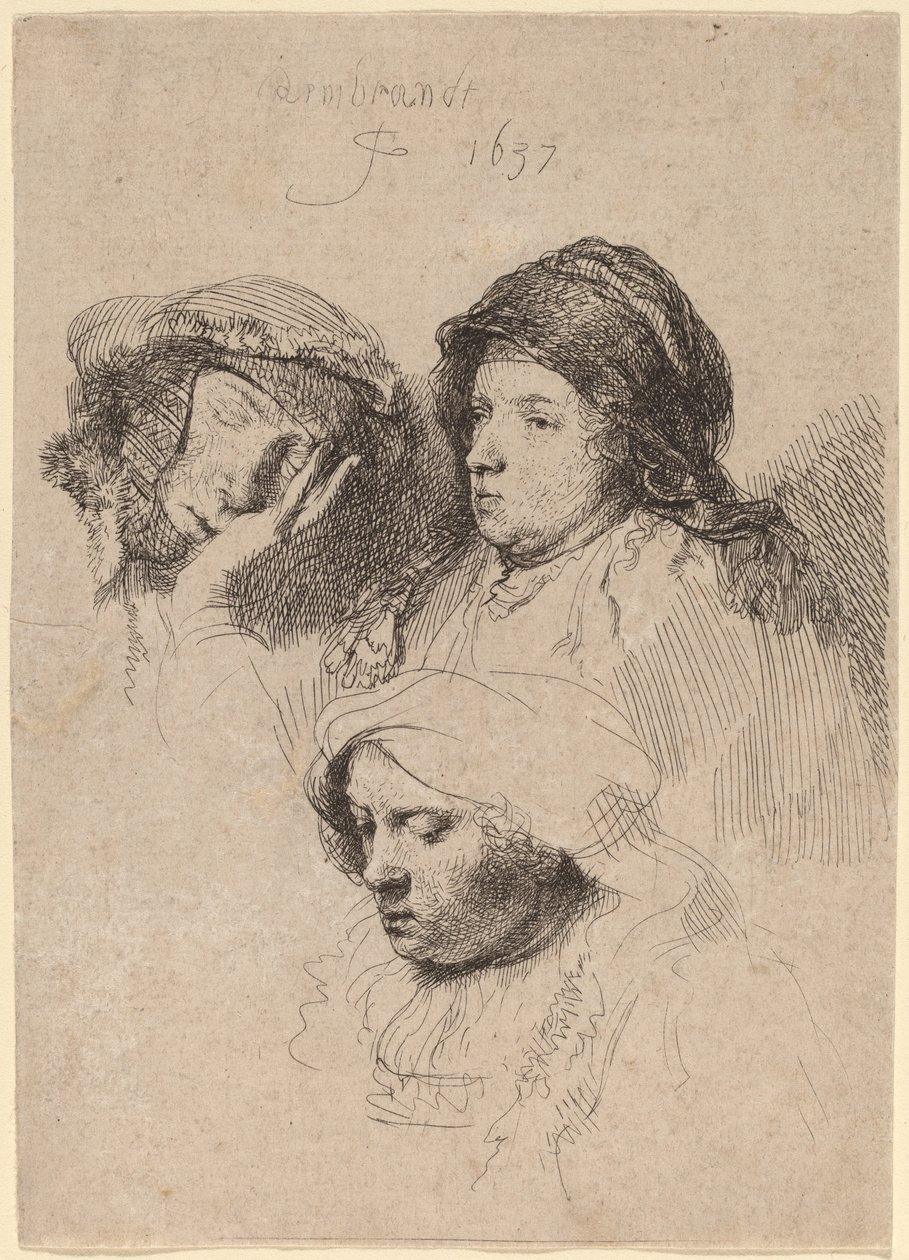 Drei Frauenköpfe, eine schläft von Rembrandt van Rijn