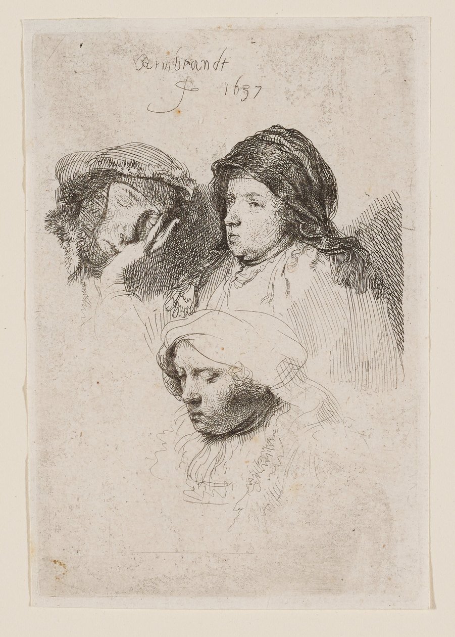 Drei Frauenköpfe, eine schläft von Rembrandt van Rijn