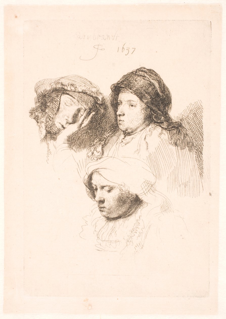Drei Köpfe von Frauen, eine schlafend von Rembrandt van Rijn