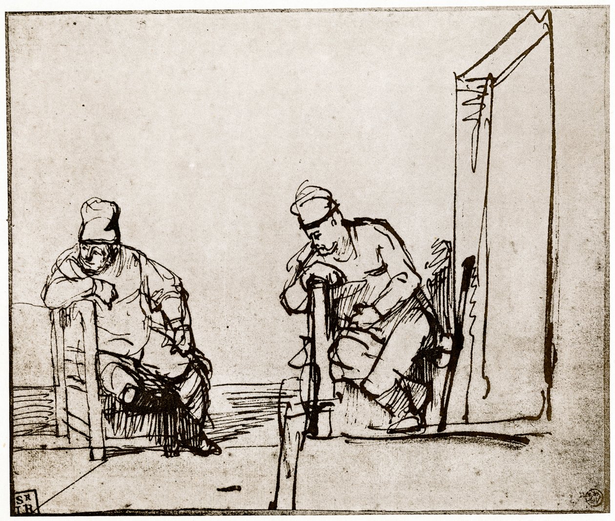 Zwei Männer, die an einer Tür sitzen, 1913 von Rembrandt van Rijn