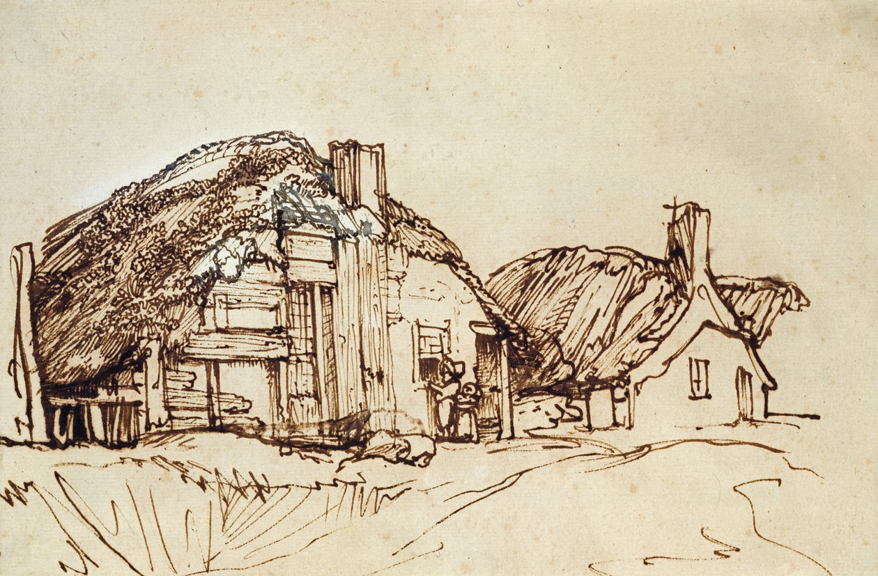Zwei strohgedeckte Hütten mit Figuren am Fenster von Rembrandt van Rijn