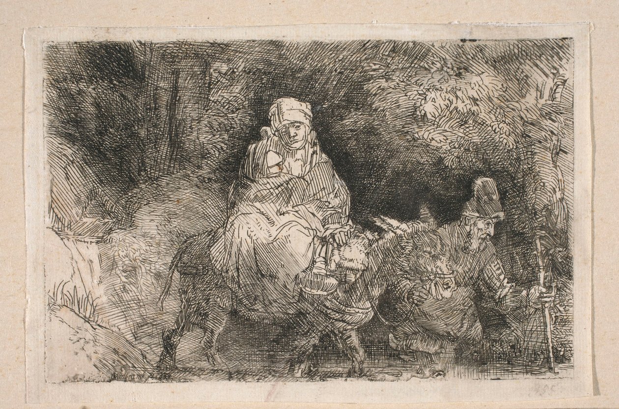 Flucht nach Ägypten - Die Heilige Familie überquert einen Bach von Rembrandt van Rijn