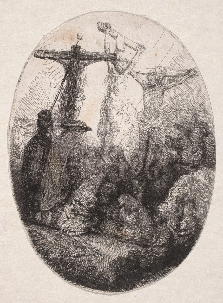 Kreuzigung zwischen zwei Schächern (ovale Platte) von Rembrandt van Rijn