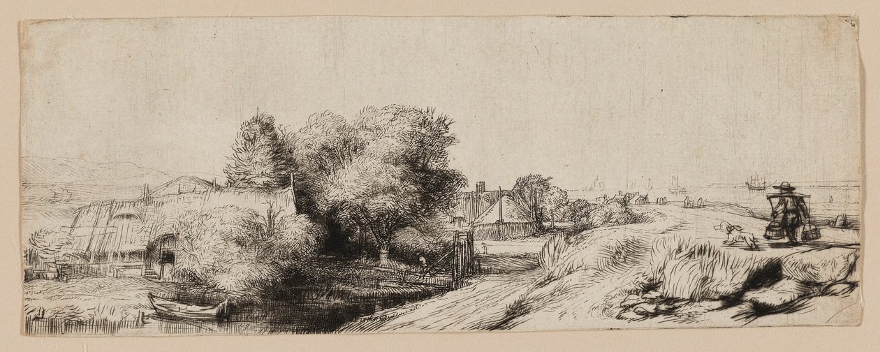 Ansicht des Diemerdijk mit einem Milchmann und Hütten von Rembrandt van Rijn