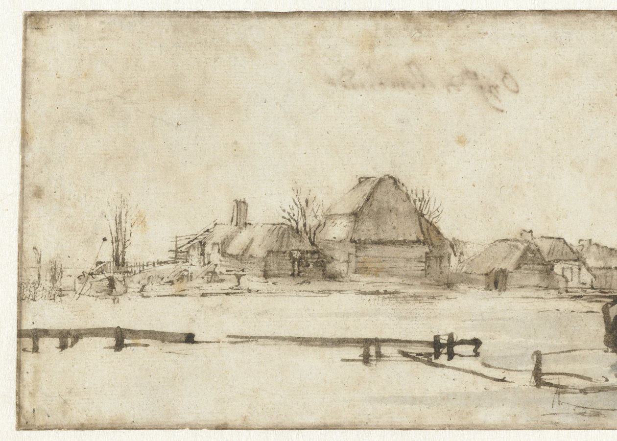 Winteransicht mit Wasserweg, Hütten und zwei Booten von Rembrandt van Rijn
