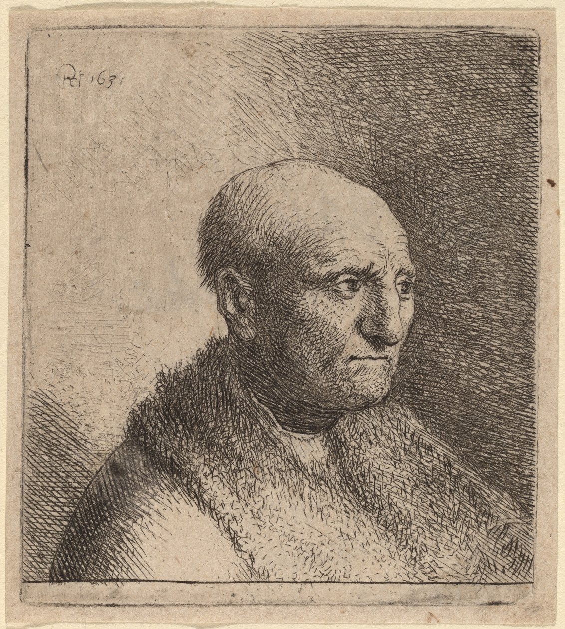 Glatzköpfiger Mann in einem Pelzmantel von Rembrandt van Rijn and Studio of Rembrandt