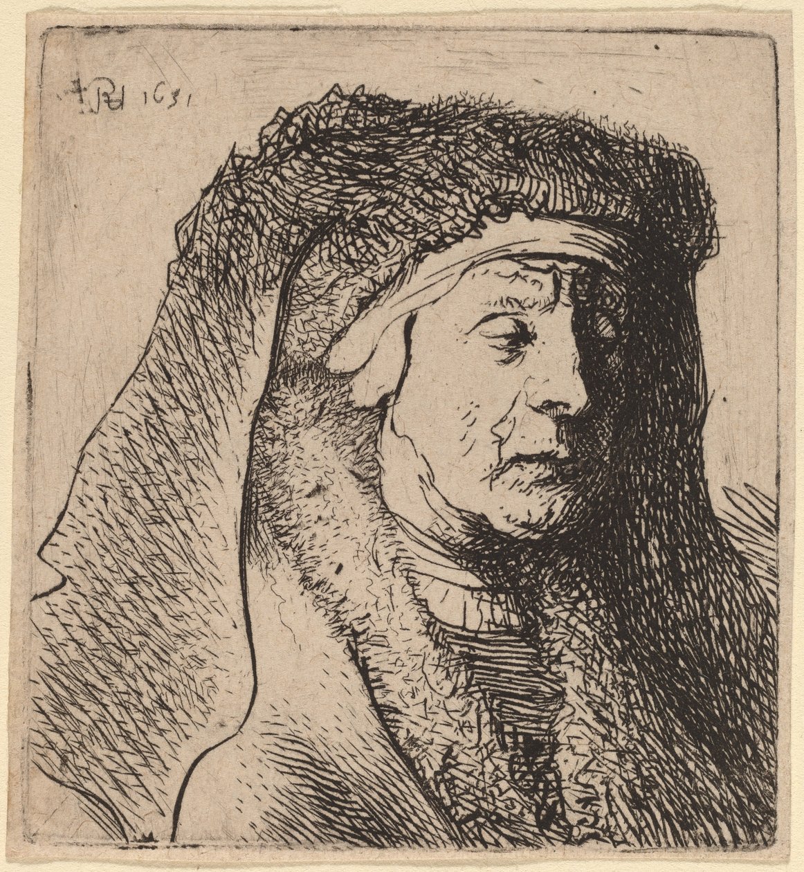 Büste einer alten Frau in einem Pelzmantel und schwerem Kopfschmuck von Rembrandt van Rijn and Studio of Rembrandt