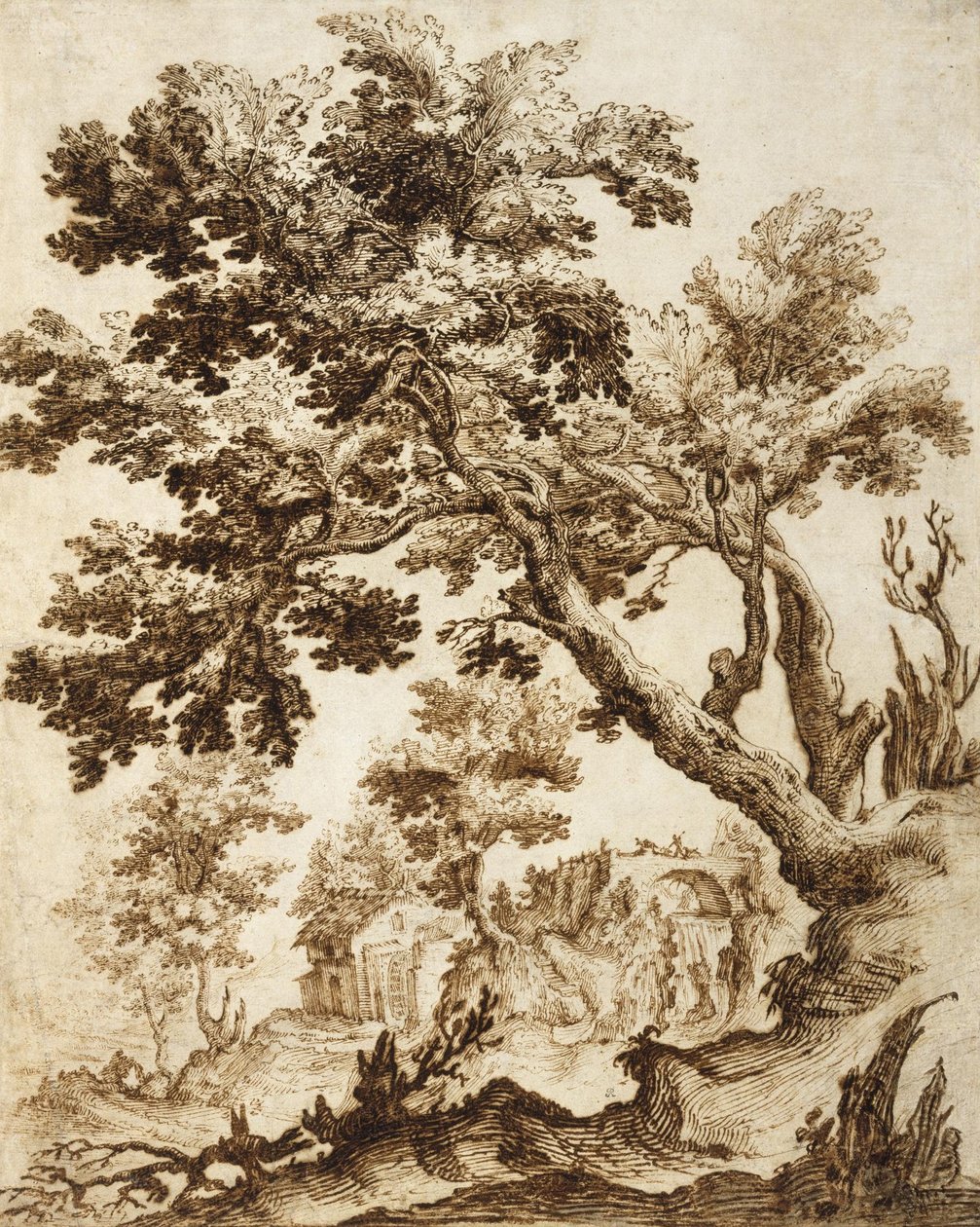 Landschaft mit Baum und Mühle von Remigio Cantagallina