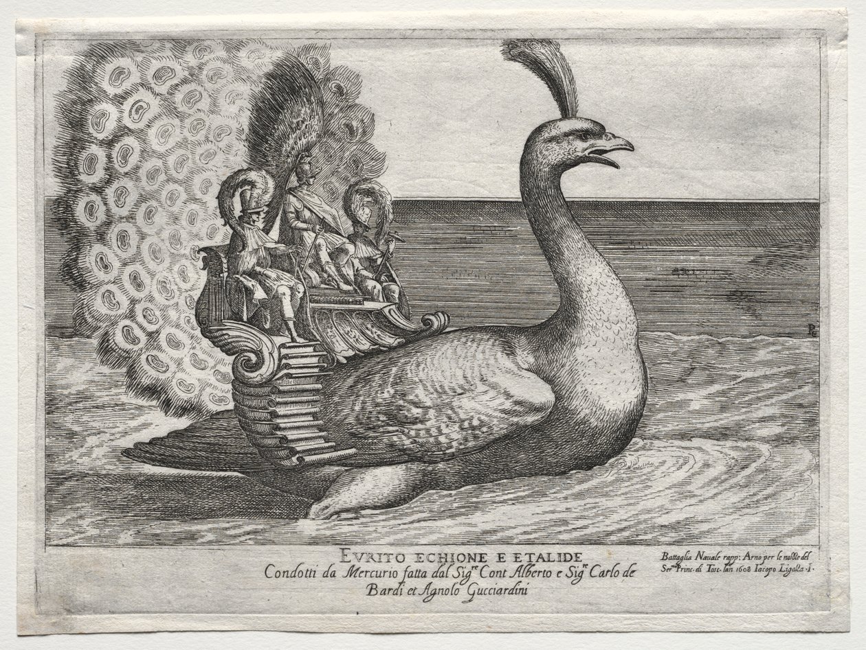Seekampf auf dem Arno in Florenz, zur Hochzeit von Cosimo di Medici, Prinz der Toskana, und Maria Maddalena von Österreich, 1608: Evrito Echione E Etalide von Remigio Cantagallina