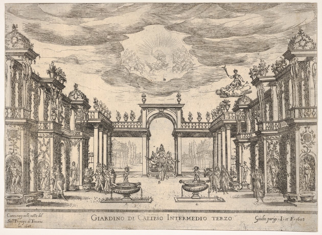 Sechstes Zwischenspiel: Garten der Kalypso Intermedio sesto: giardino di Calipso, aus der Serie..., 1608 von Remigio Cantagallina